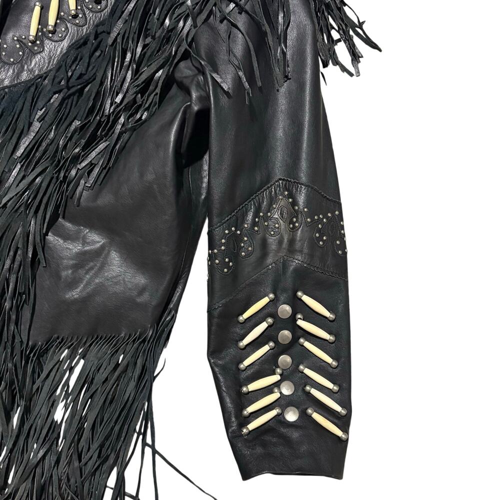 Pro Rider Leather Jacket Fringes Bone Beads Western Native American XL Vintage - Picture 5 of 9